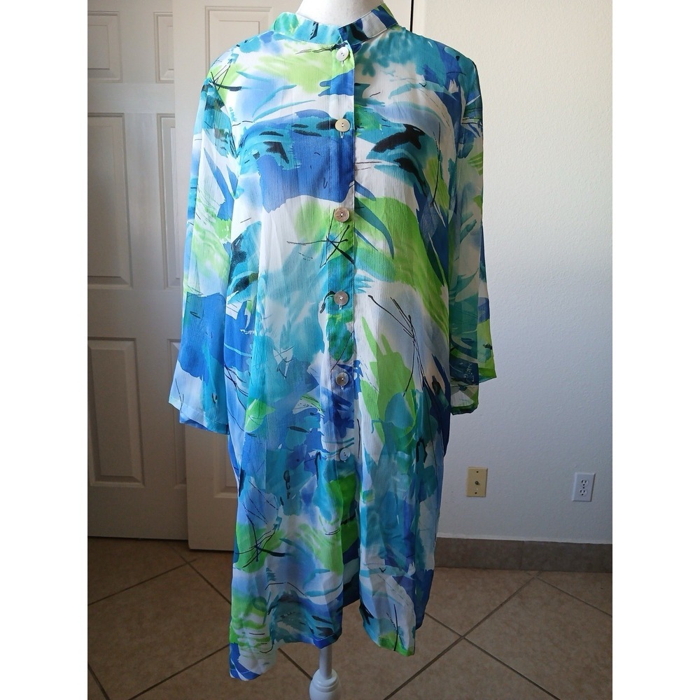 Ulla Popken Women's Button Front Tropical Print Sheer Shirt Dress Tunic 12/14